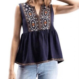 Anthropologie Lg Navy Embroidered Baby Doll Flowers Flowy Boho Top
